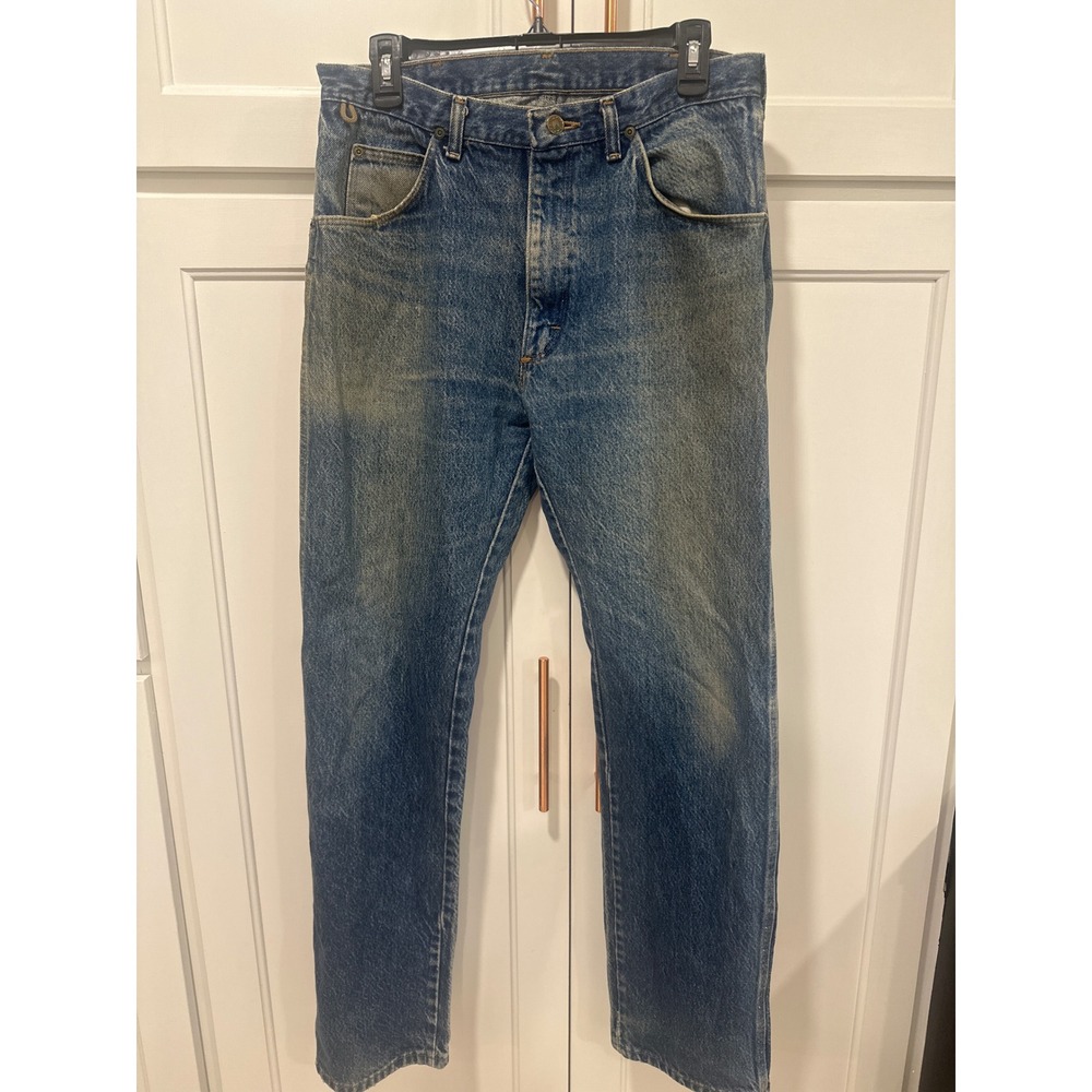 Vintage Wrangler 90's Rugged Wear Jeans Made in USA Blue Denim work worn 34x32
